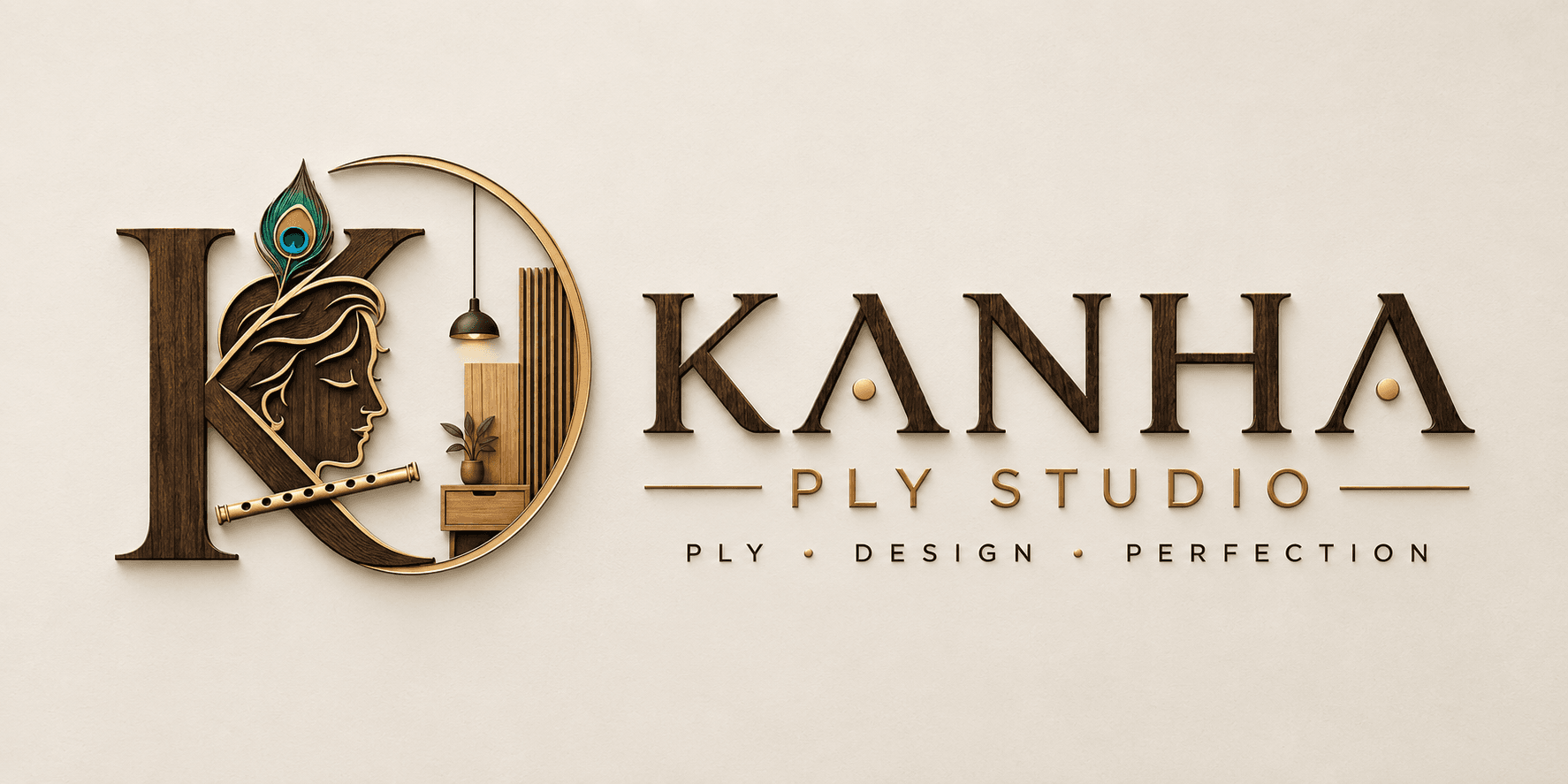 Kanha Ply Studio identity in wood and gold, with a Krishna-inspired emblem