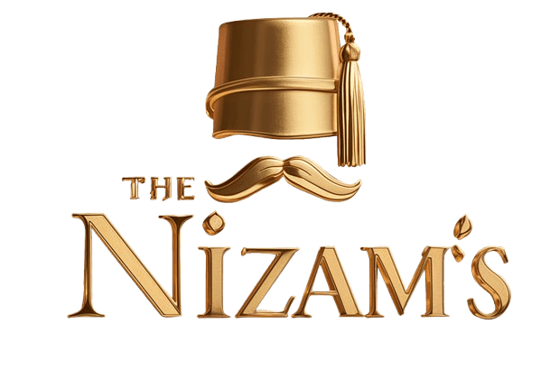 The Nizam’s gold wordmark with a traditional cap and moustache motif